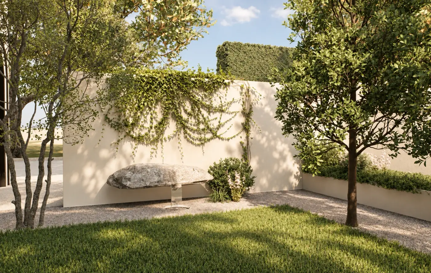 Rendering of a walled garden with a bench, lawn and a young tree