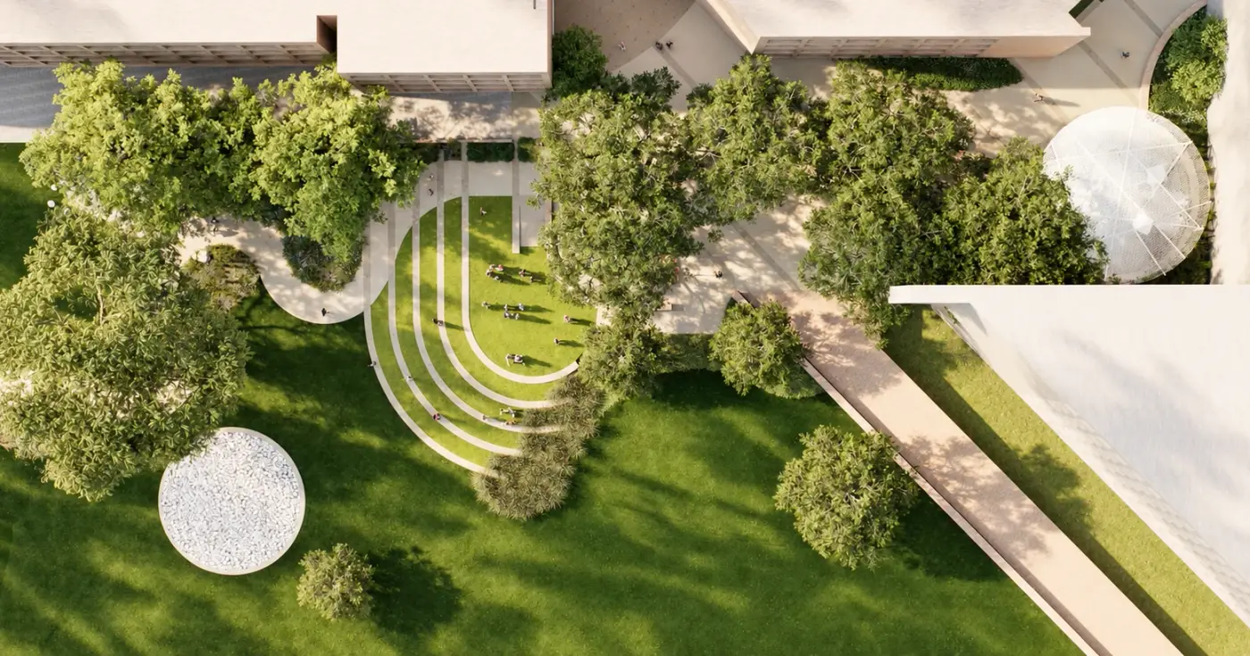 Rendering of a lawn with curving stone bands, round planters and trees seen from above