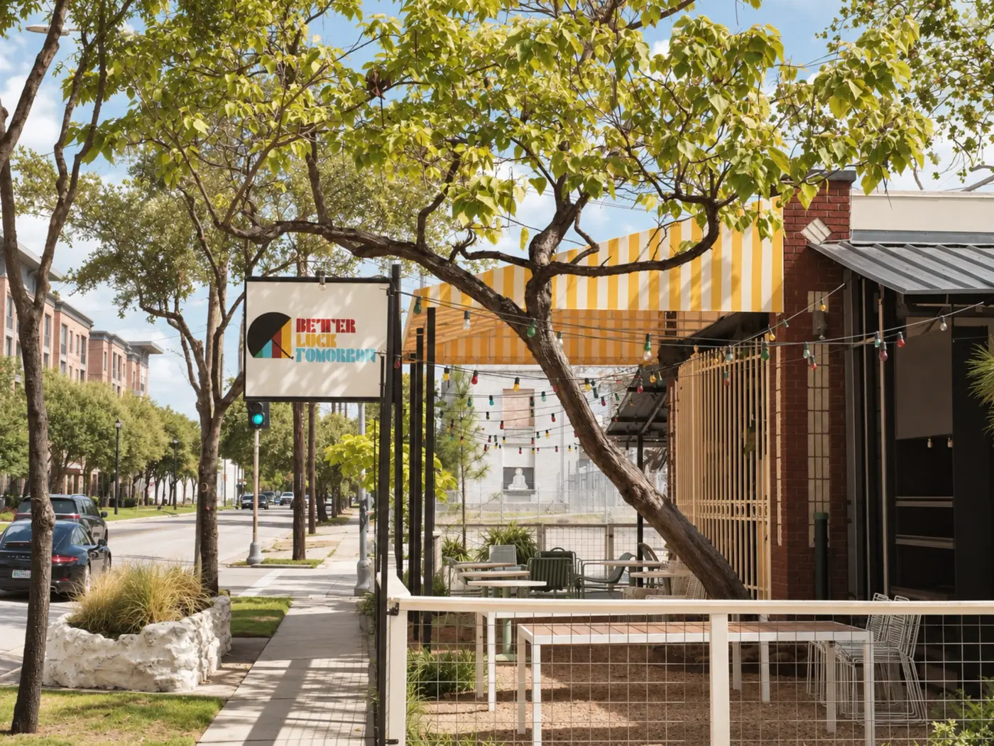 Street-side patio shaded by trees beside a timber-clad building