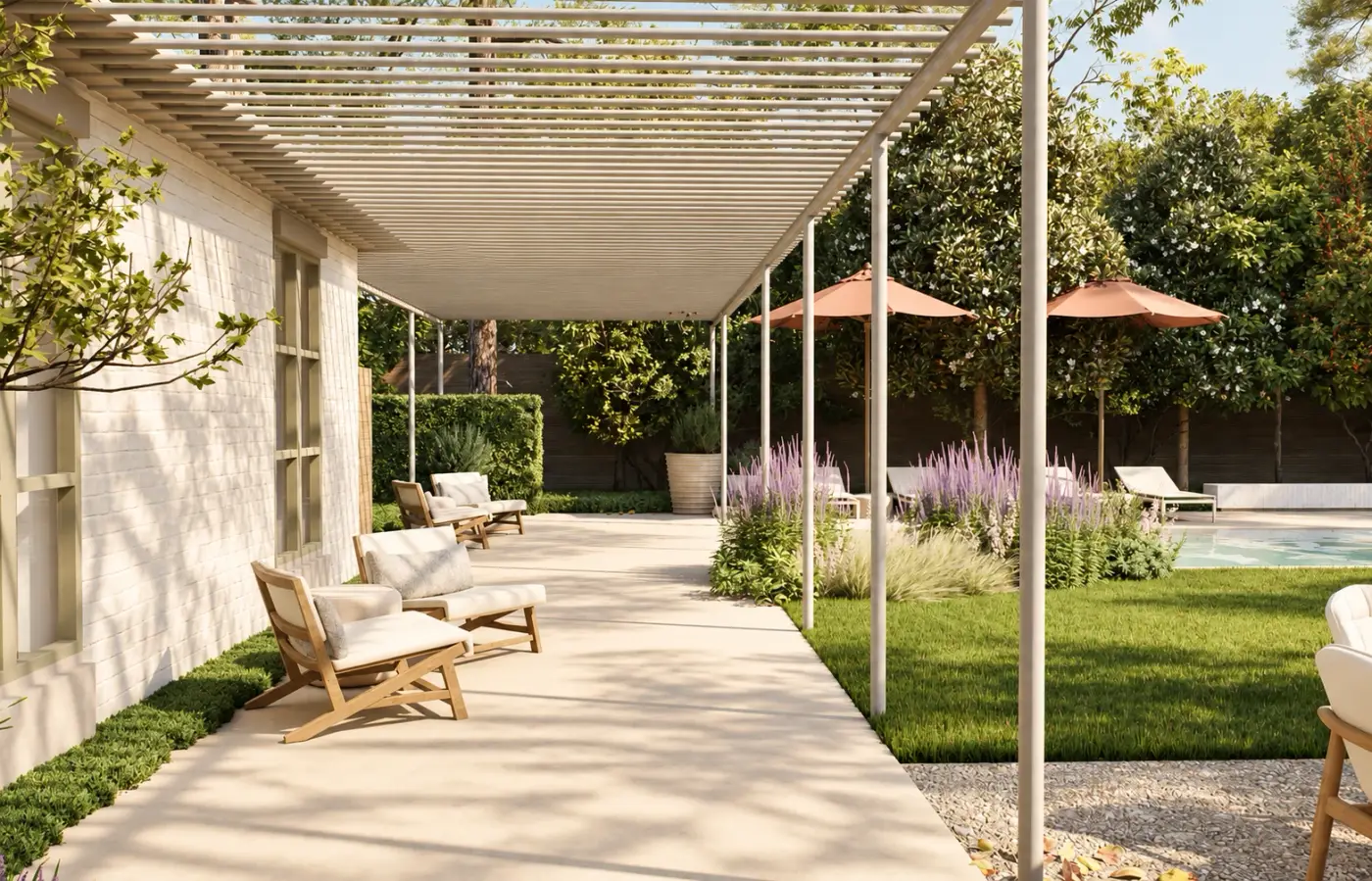 Rendering of a pergola walk beside a white house with chairs and a lawn