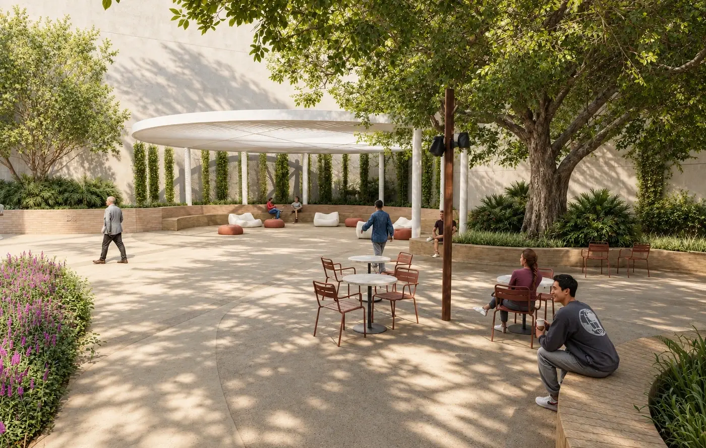 Rendering of a shaded plaza with cafe seating