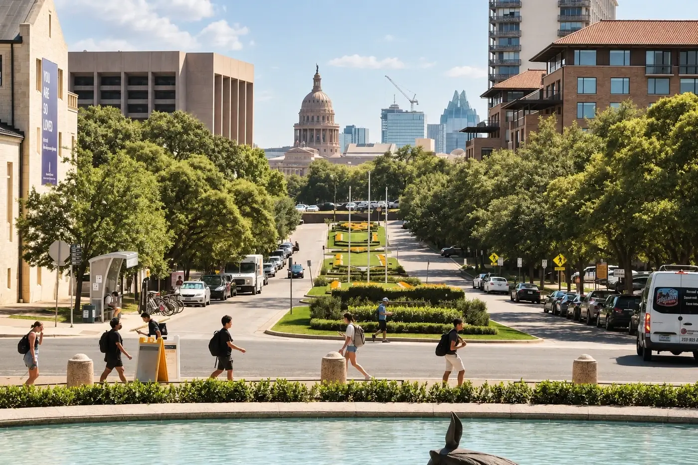 Tree-lined campus mall with a fountain and the capitol beyond
