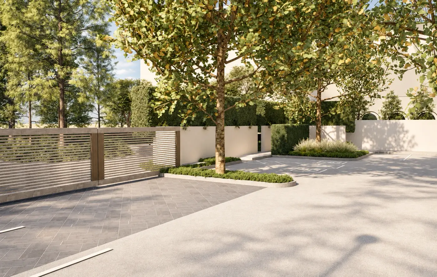 Rendering of a gravel motor court with a sliding gate and trees