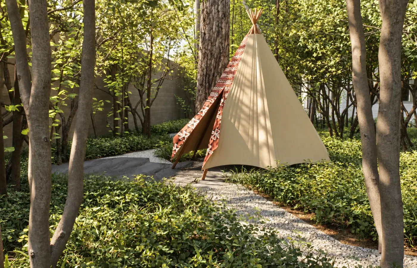 Rendering of a canvas tepee beside a woodland path