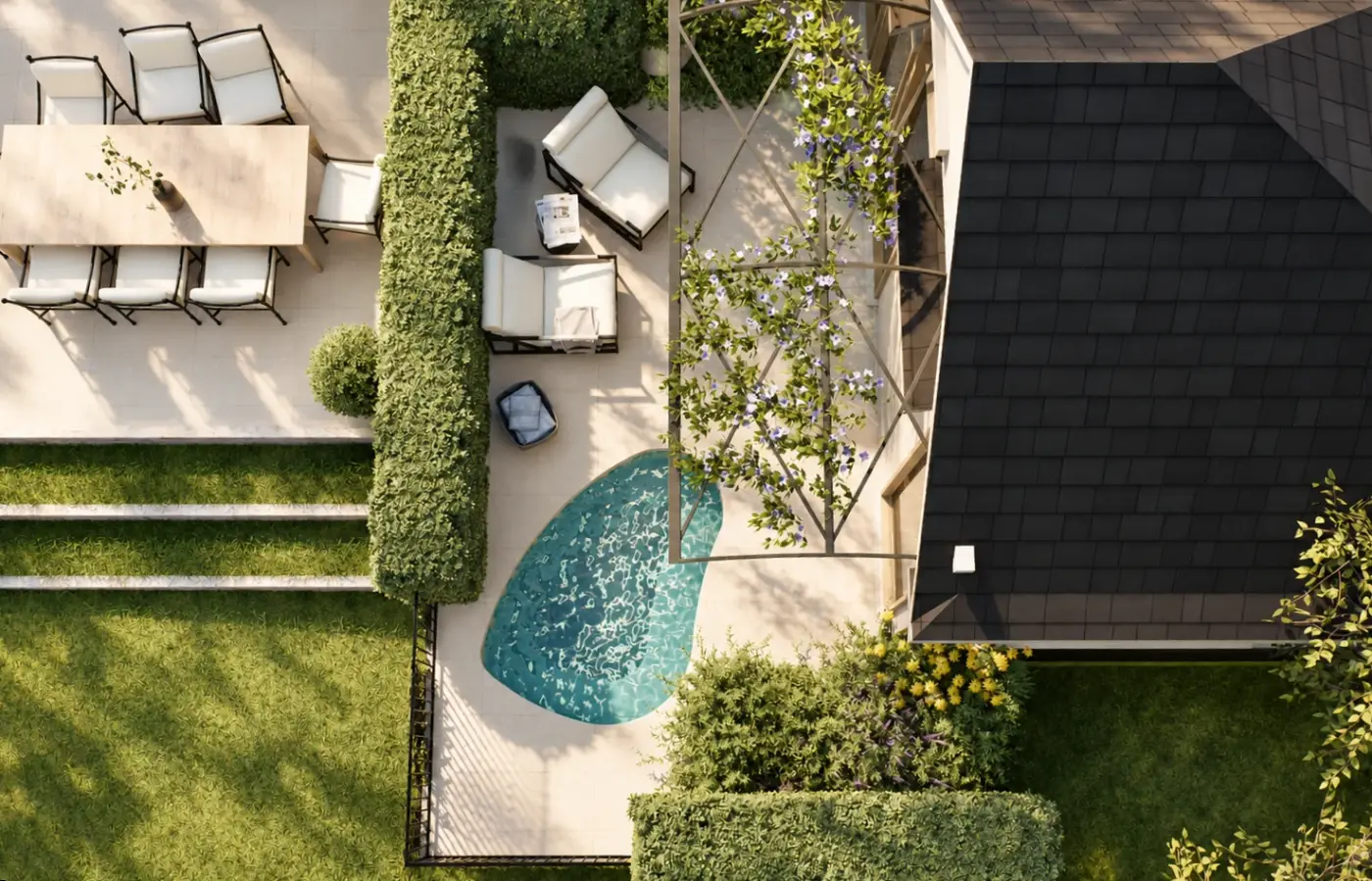 Rendering of a house terrace with dining, steps, lawn and a turquoise pool seen from above