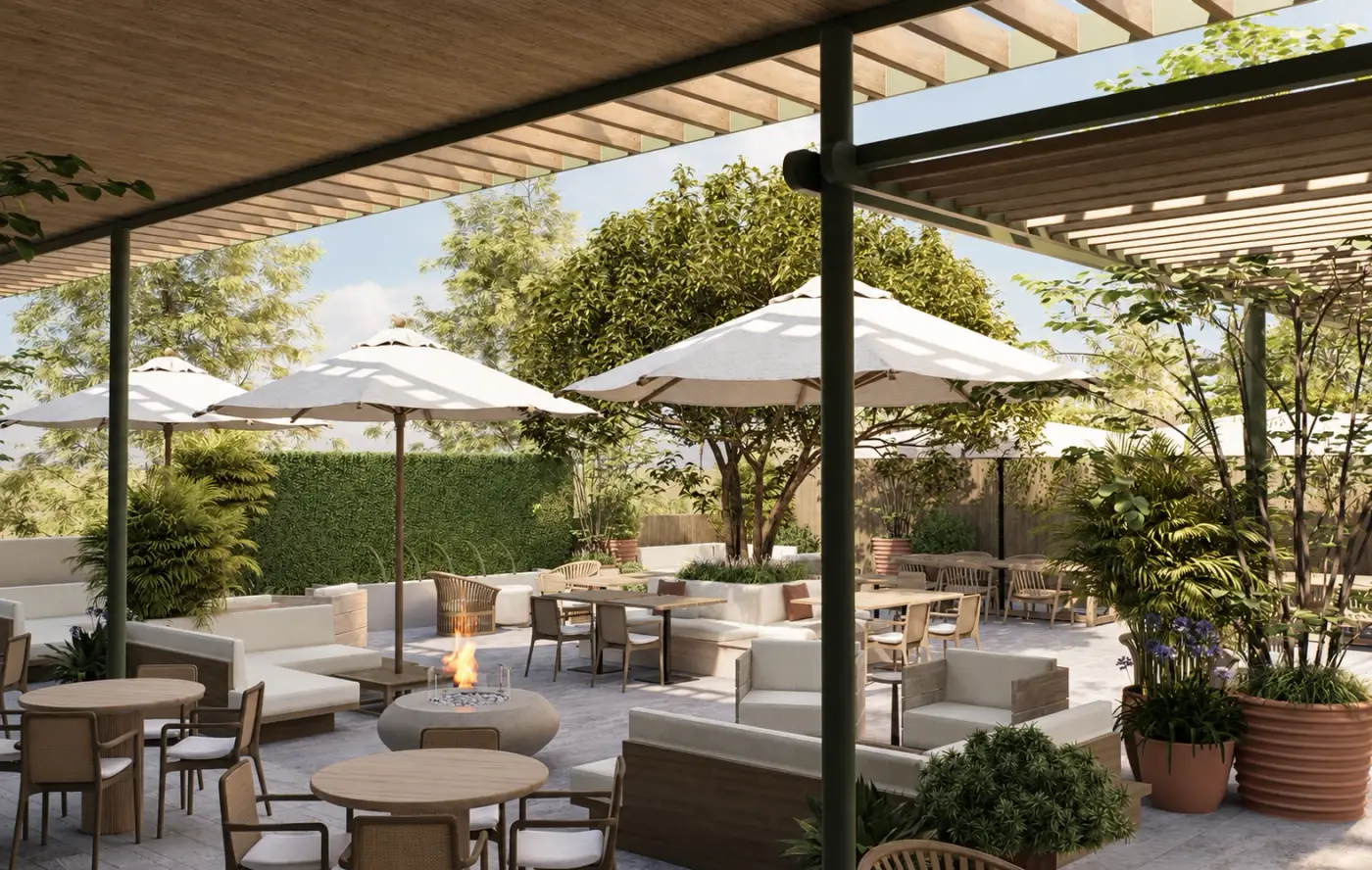 Rendering of a restaurant patio with umbrellas, sofas and a fire pit under a slatted roof