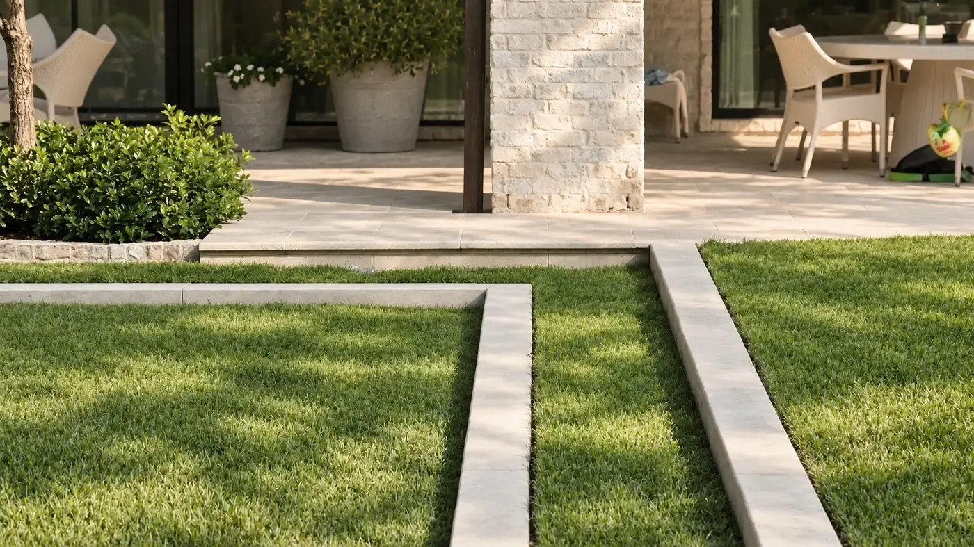Lawn crossed by narrow stone bands leading to a terrace