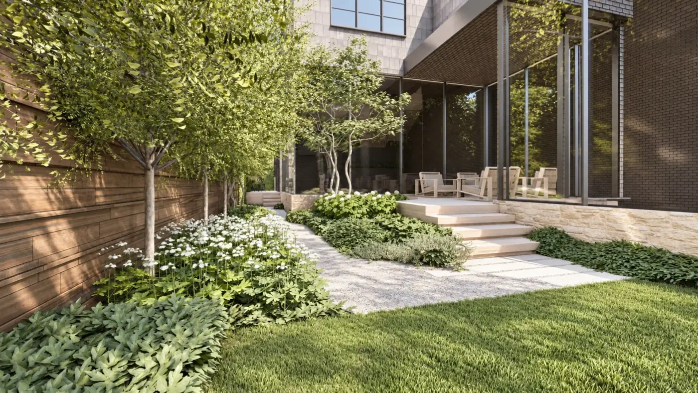 Rendering of a shaded court with stone steps