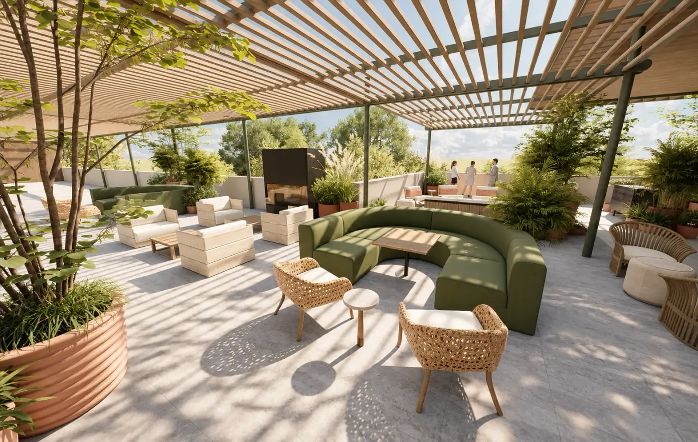 Rendering of a covered lounge terrace with a green sofa and planted pots