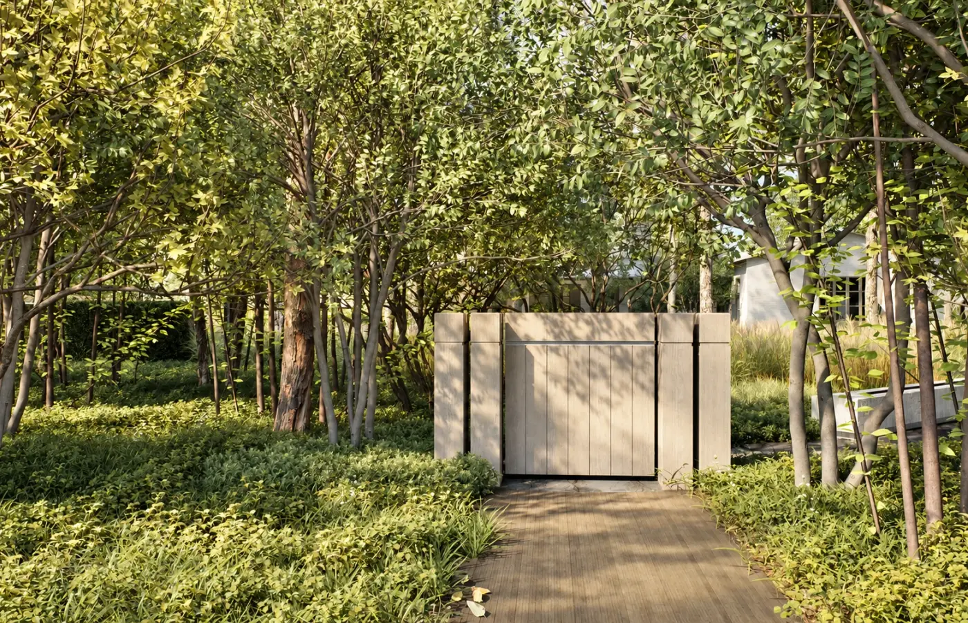 Rendering of a brick path through a grove of trees to a white wall