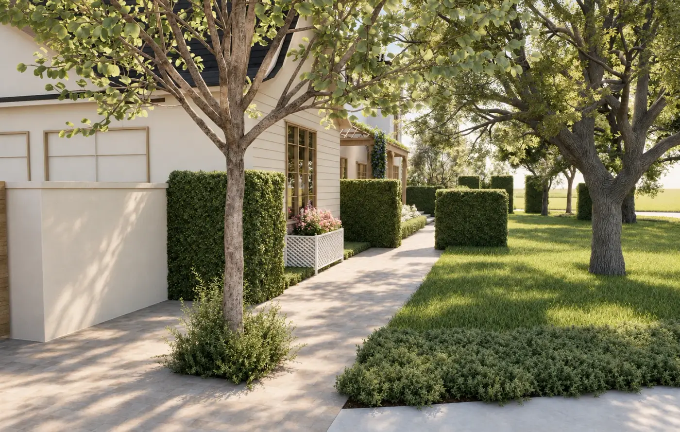 Rendering of a walk lined with clipped hedges and trees beside a white house