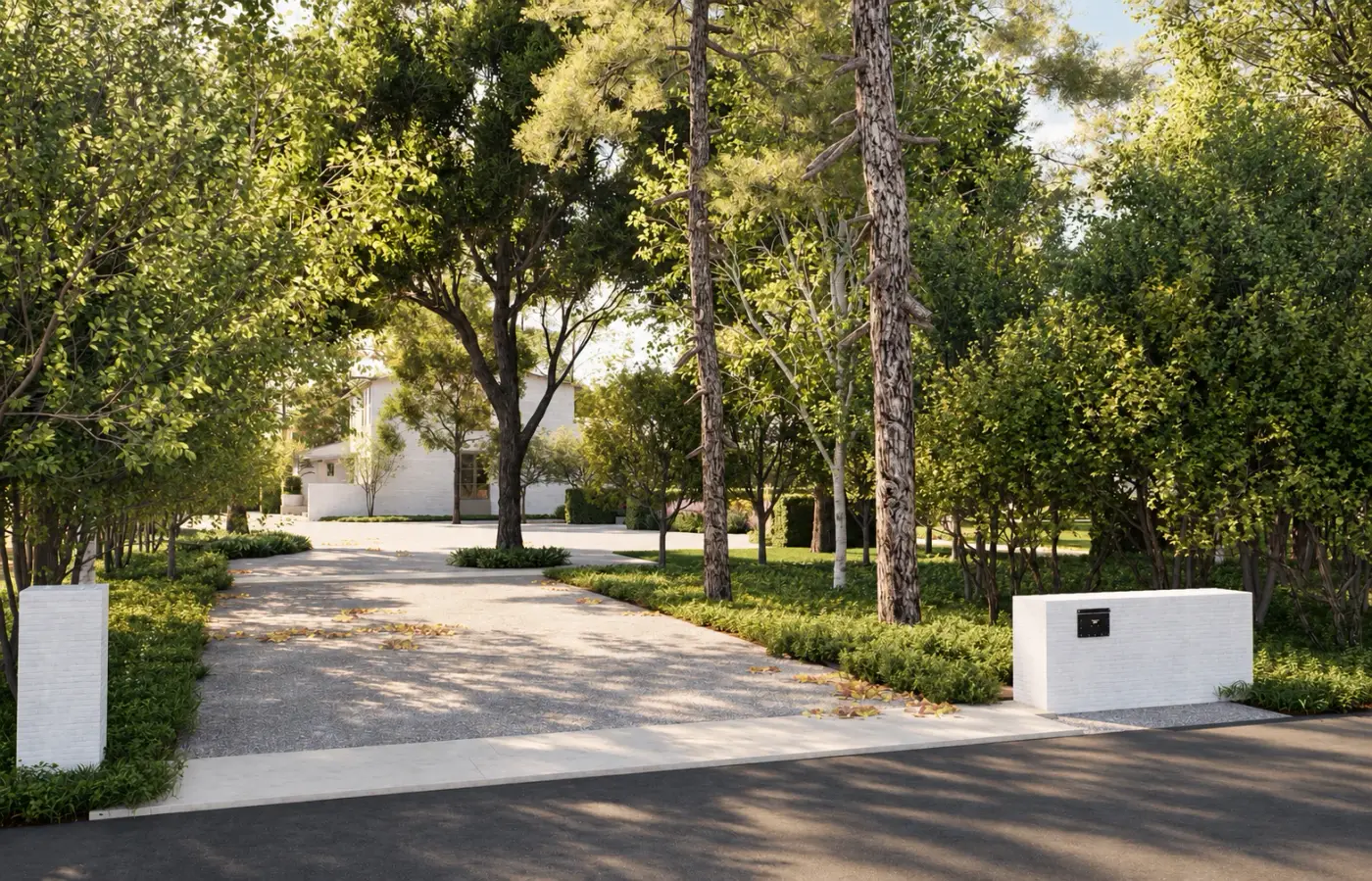 Rendering of a driveway entry under trees with white stone piers