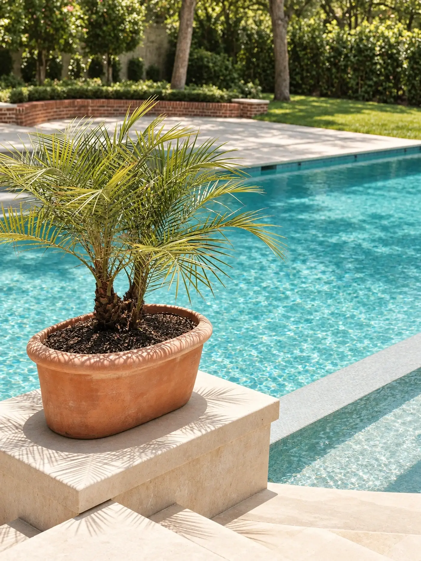 Potted palm on a stone plinth beside a pool