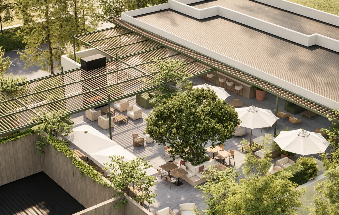 Rendering of a rooftop restaurant terrace with umbrellas seen from above