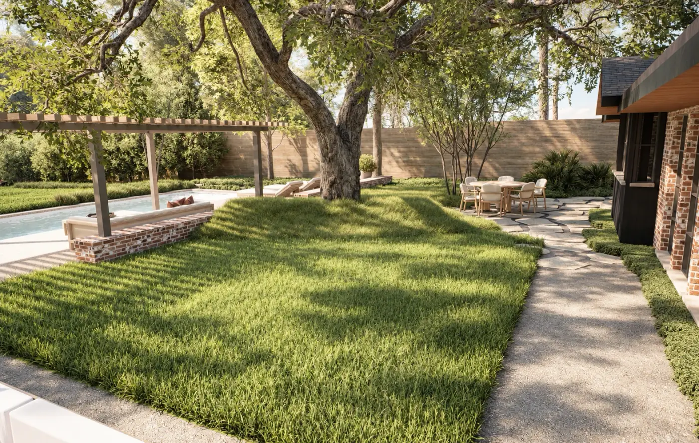 Rendering of a lawn and path under live oaks with a pergola beyond