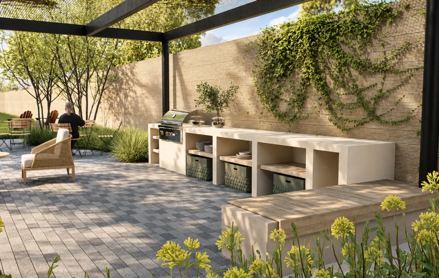 Rendering of an outdoor kitchen under a black steel pergola with climbing vines