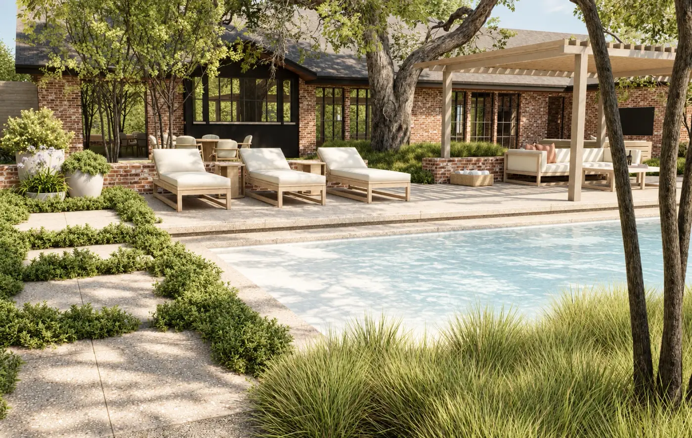 Rendering of a pool with loungers, stepping stones and grasses beside a brick house