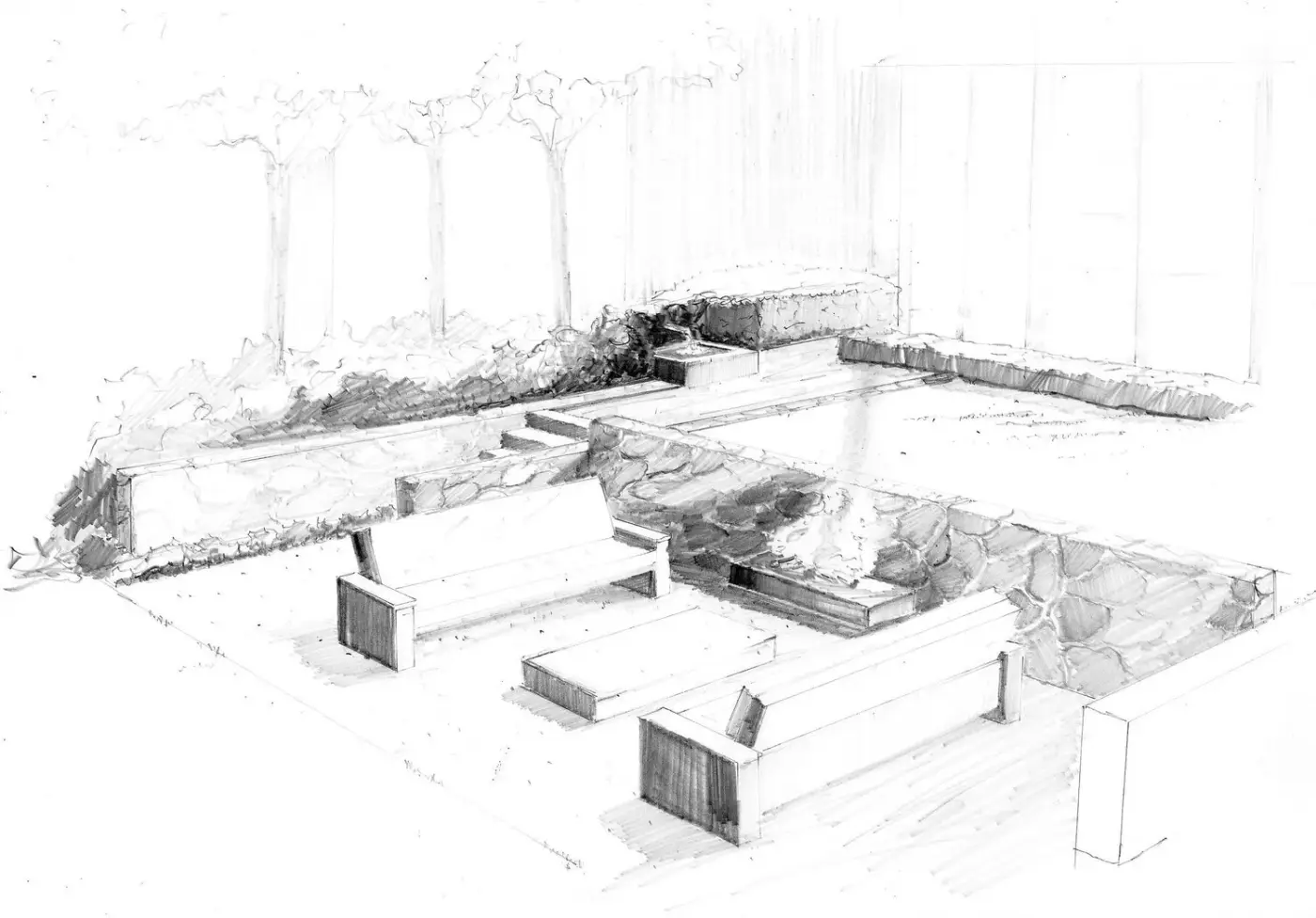 Pencil sketch of an outdoor seating terrace