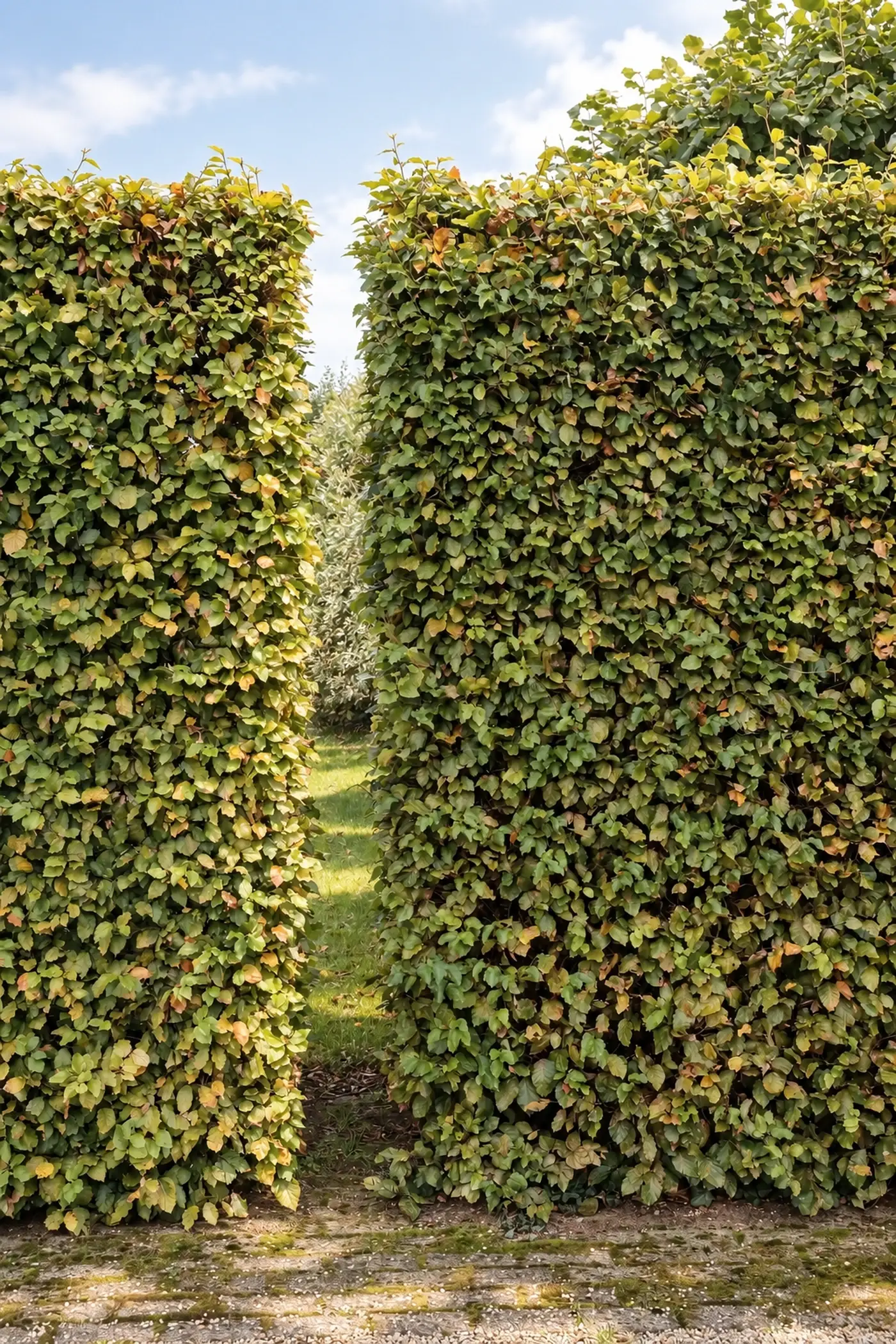 Tall clipped hedges with a narrow opening between them
