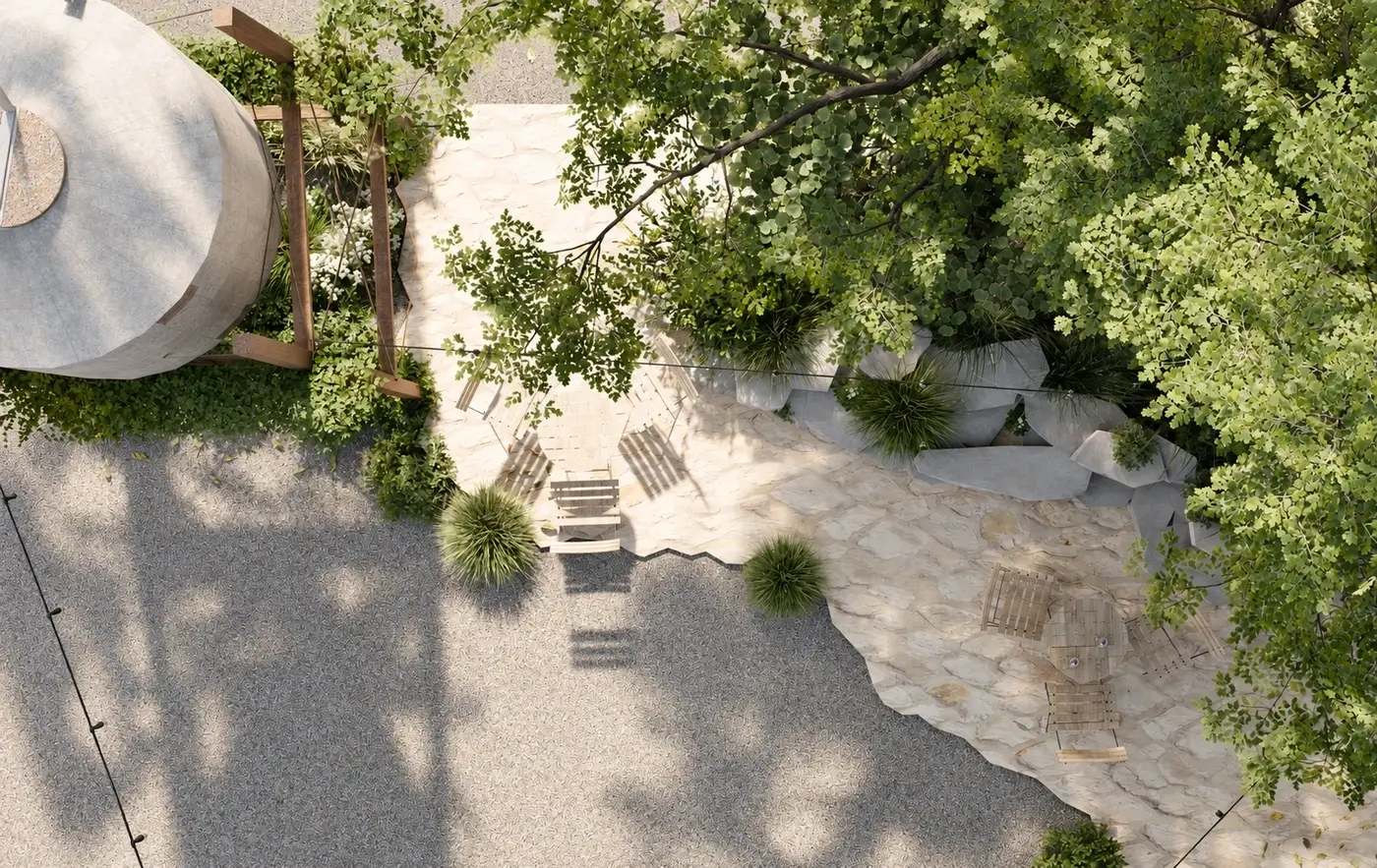 Rendering of a shaded gravel terrace seen from above