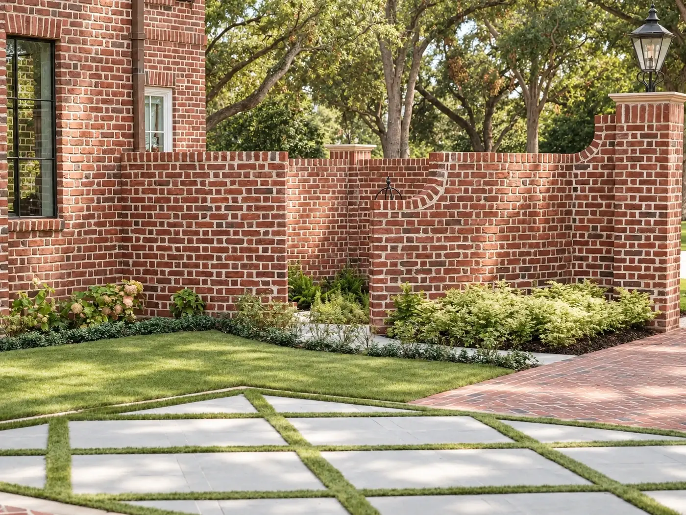 Lawn crossed by stone bands in front of a curved brick garden wall