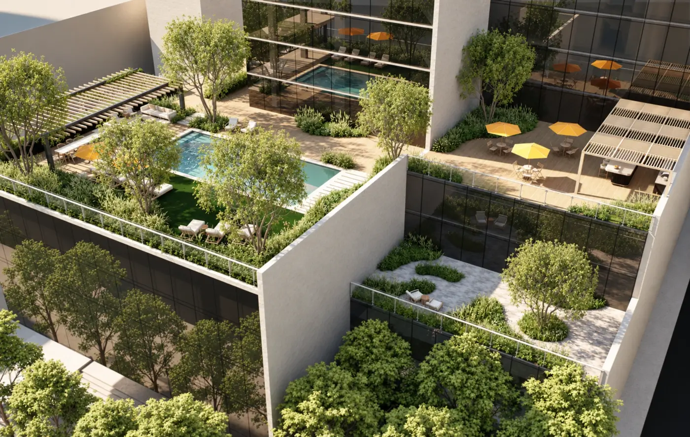 Rendering of planted rooftop courtyards