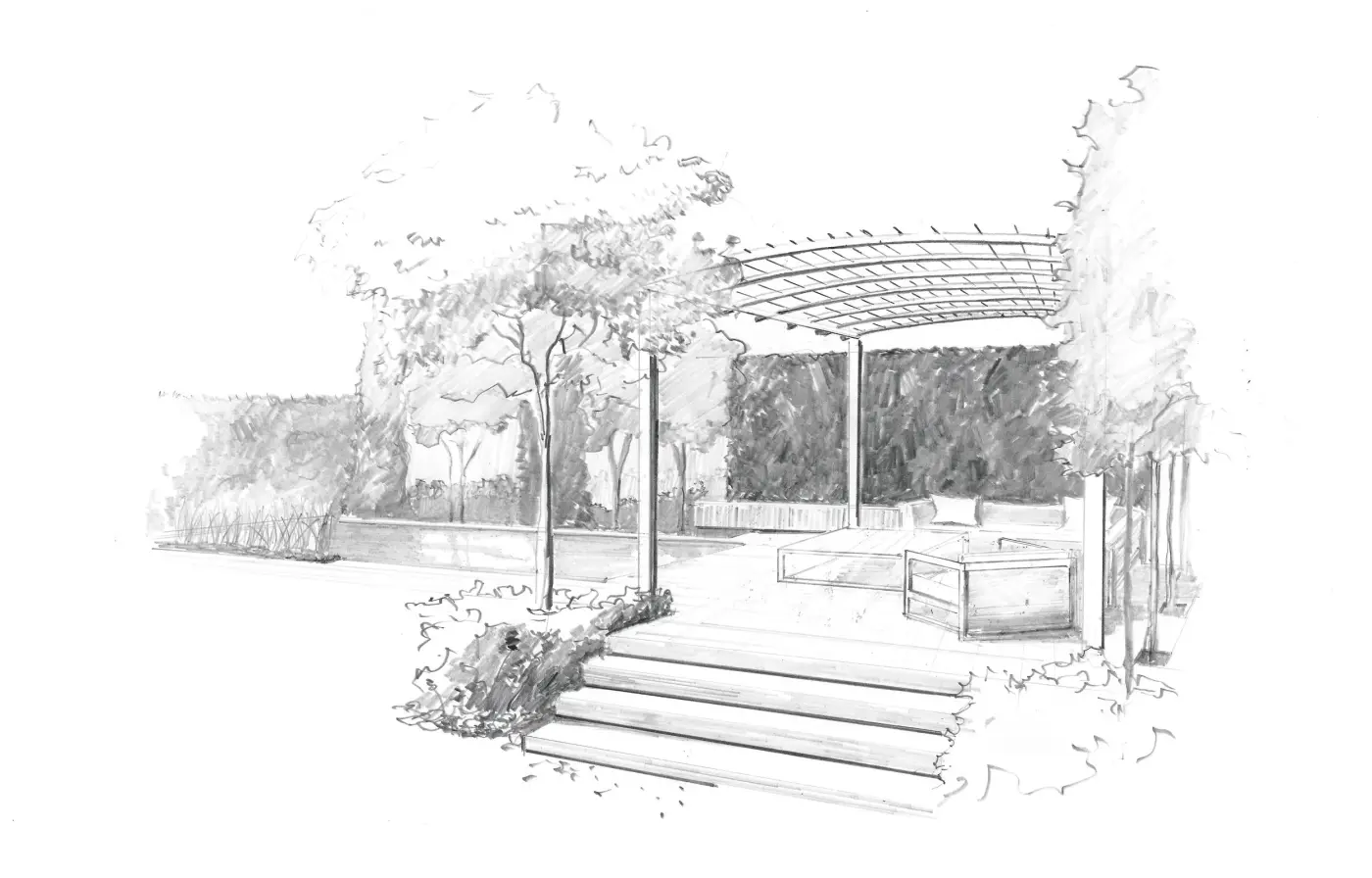 Pencil sketch of a terrace with pergola and steps