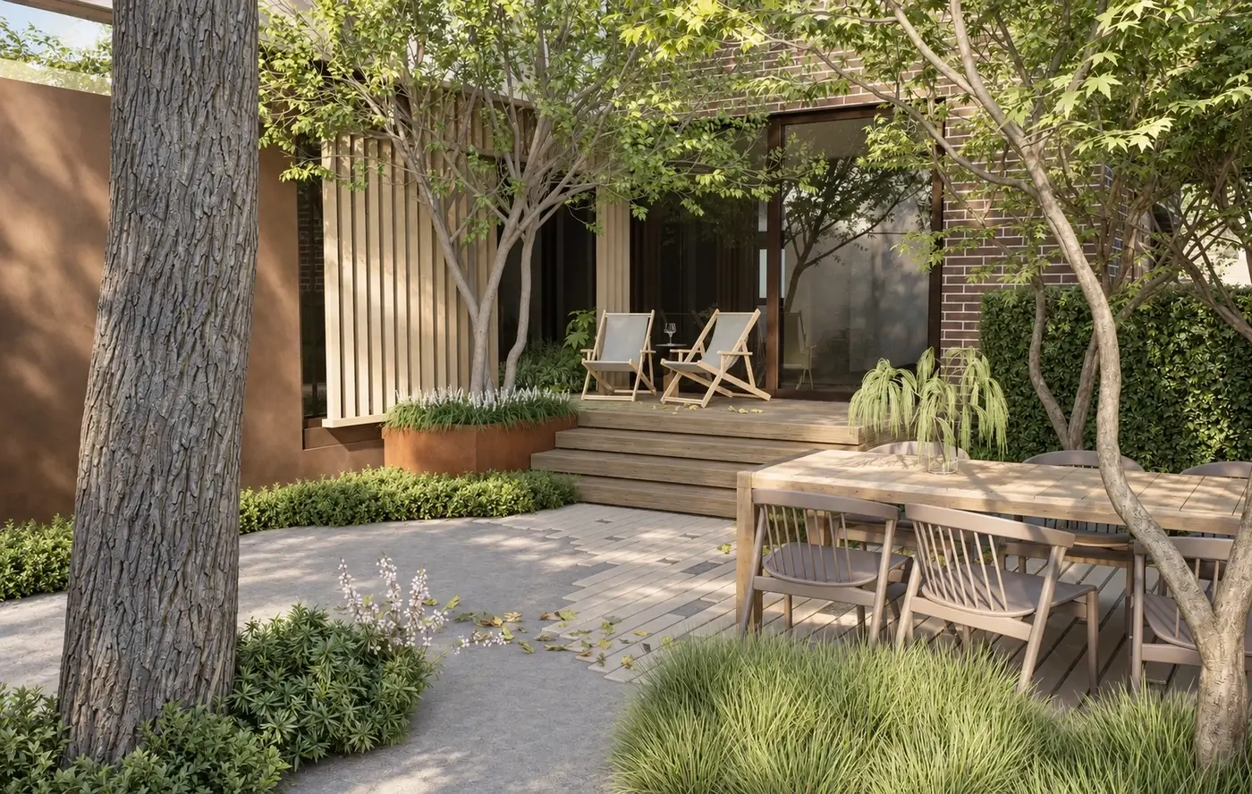 Rendering of a courtyard garden with a timber deck