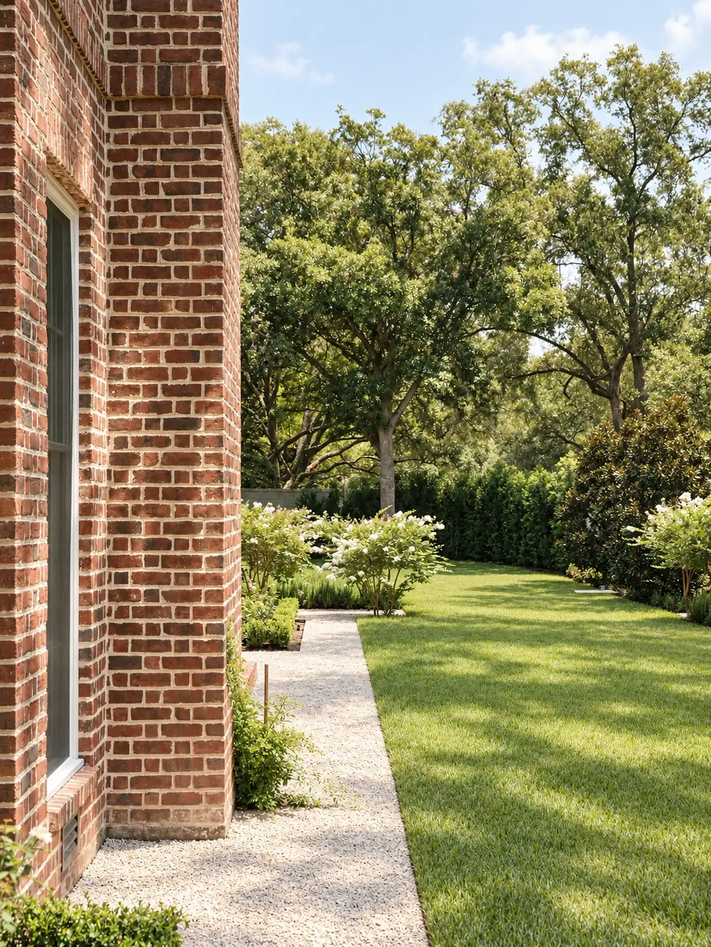 Gravel path along a brick house and lawn