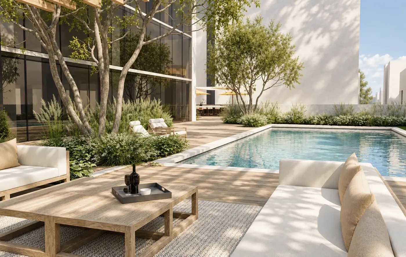Rendering of a pool terrace with outdoor seating