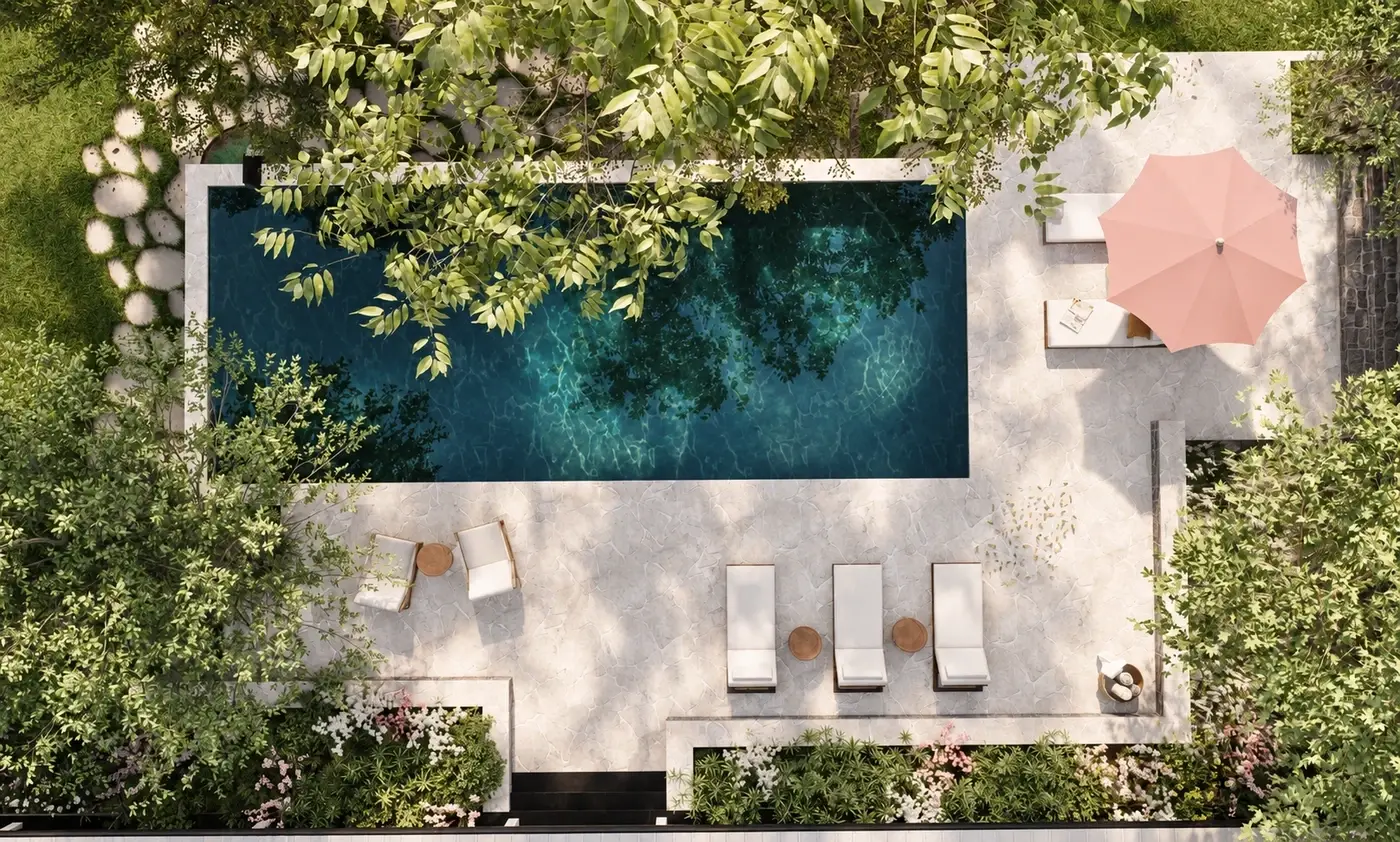 Rendering of a dark pool and stone terrace seen from above