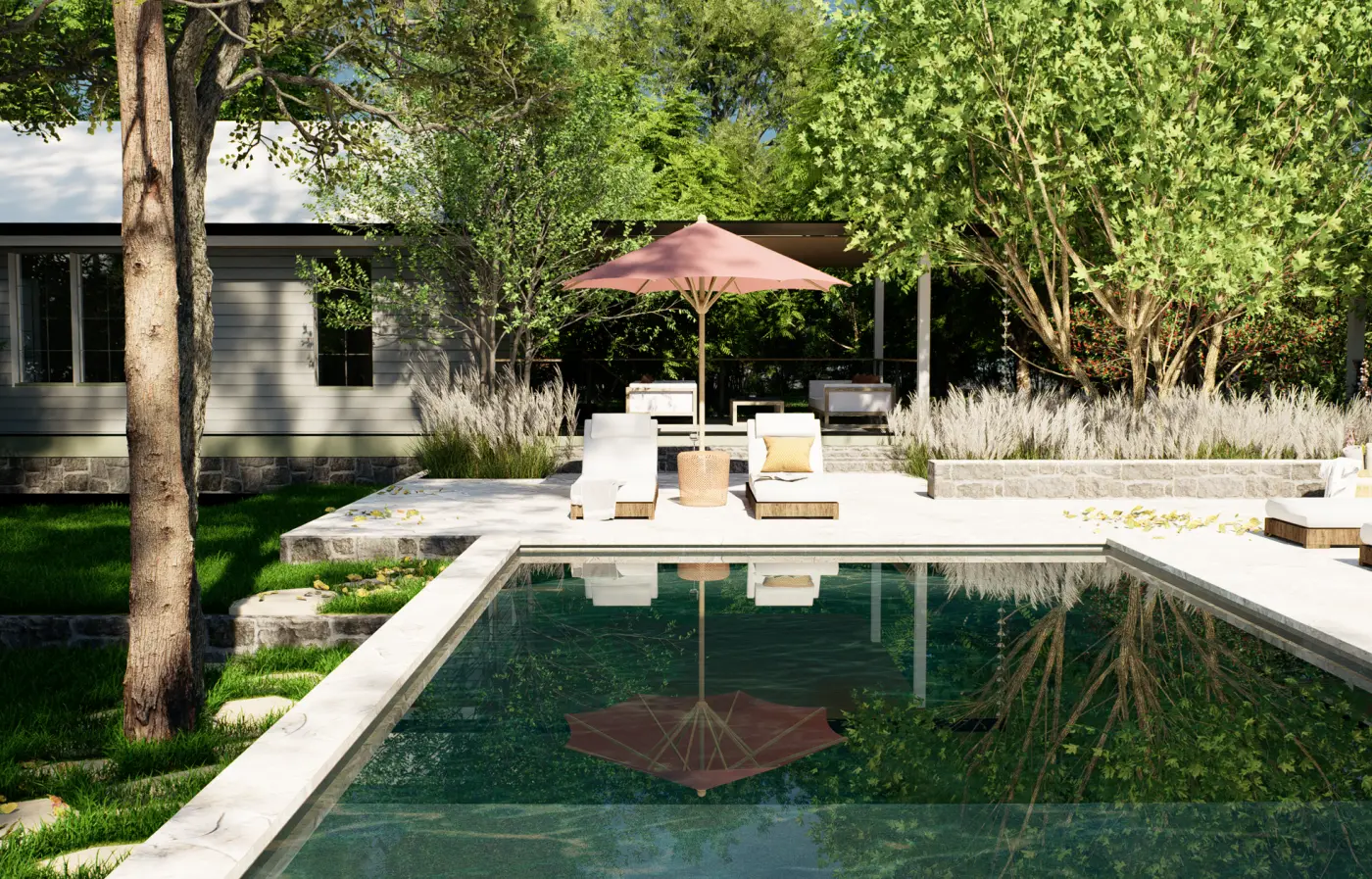 Rendering of a pool terrace with loungers and a red umbrella