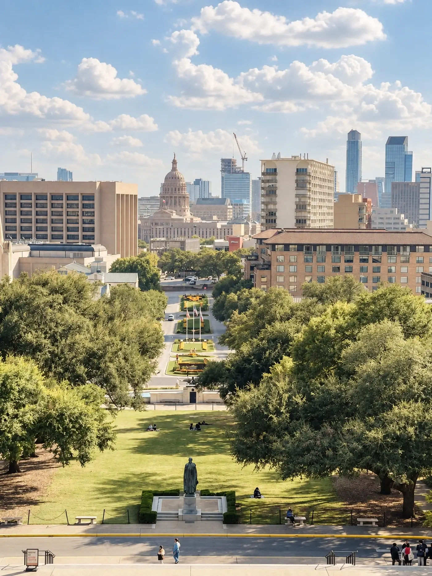 City skyline seen across a tree-lined campus mall