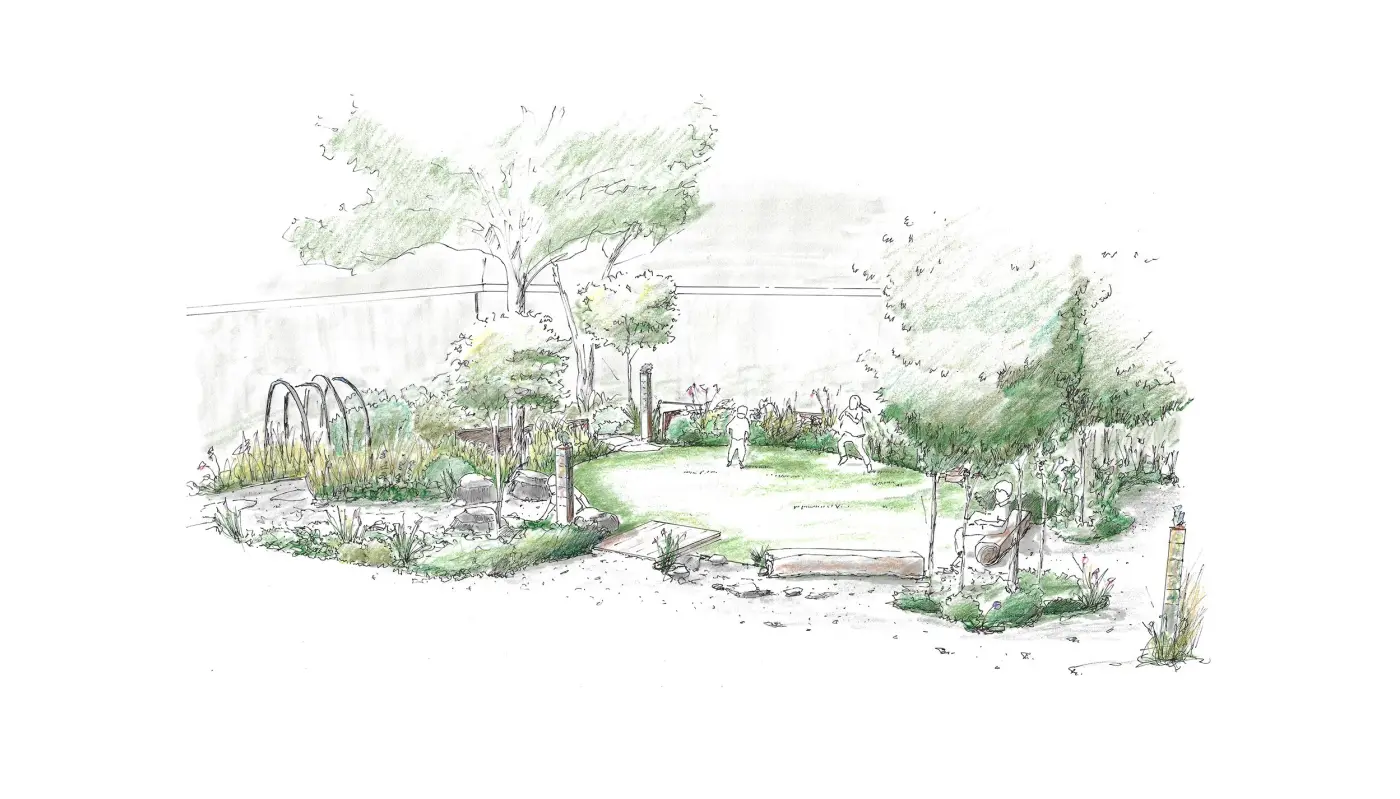 Watercolor sketch of a garden with lawn and arbor