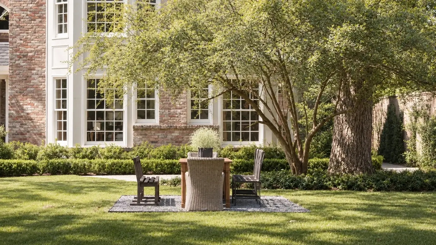 Lawn with a table set beneath trees beside a brick house