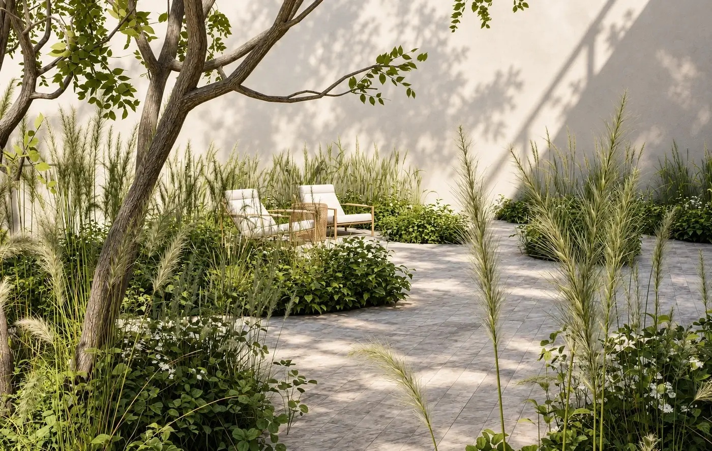Rendering of a rooftop garden with grasses and a multi-stem tree