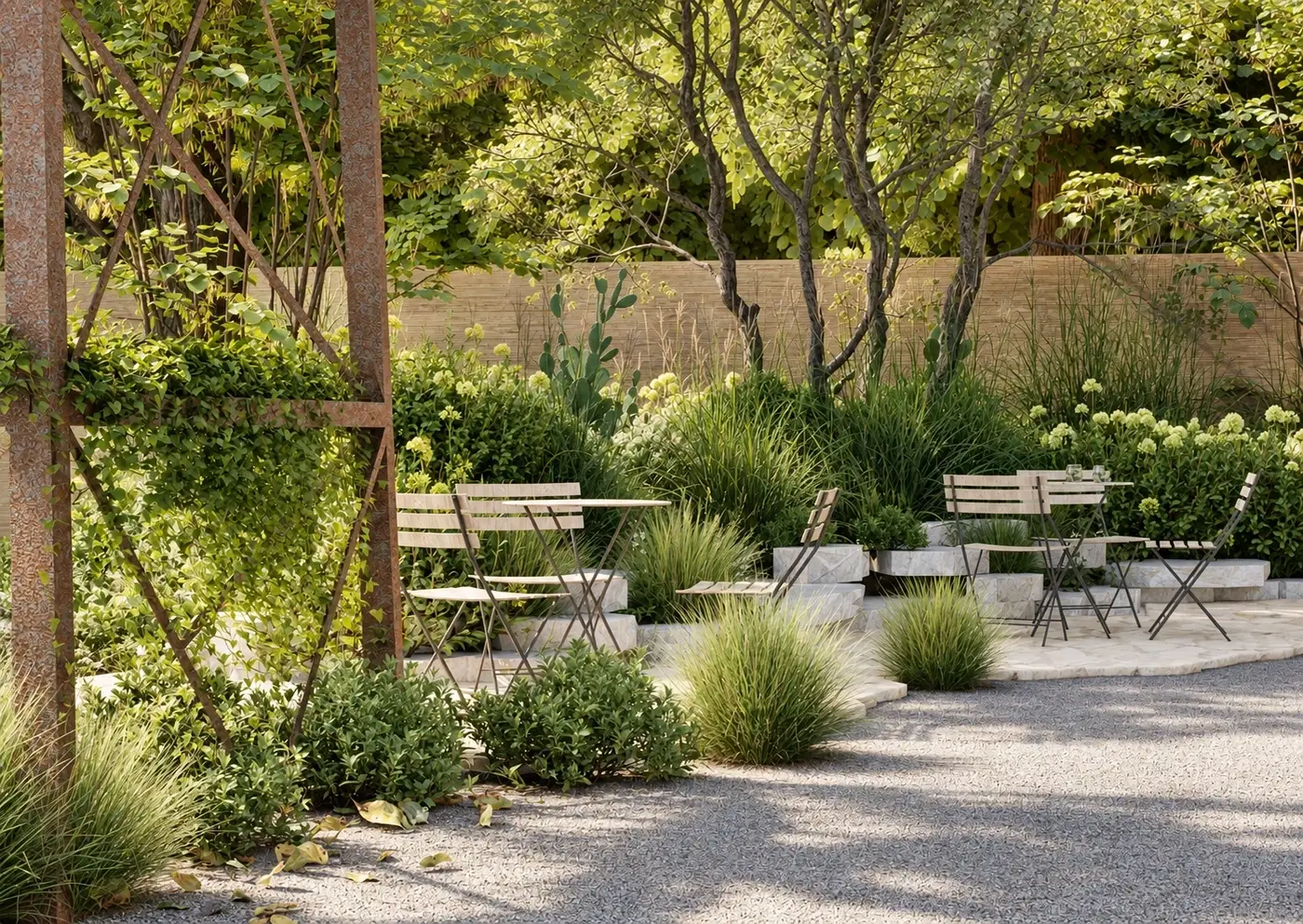 Rendering of cafe tables on gravel under trees