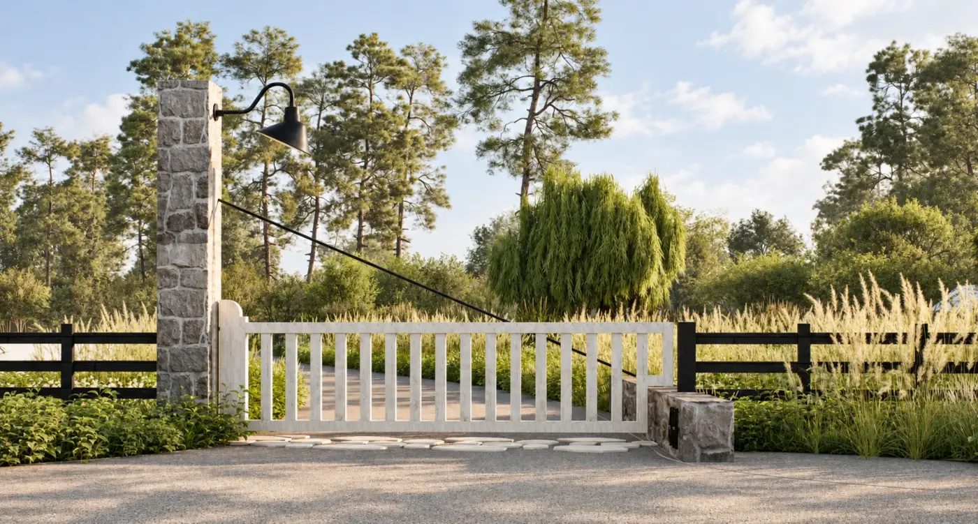 Rendering of a ranch entry gate with a stone pier