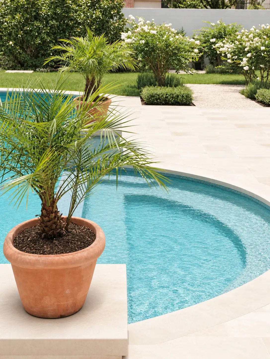 Potted palm beside a curved pool step