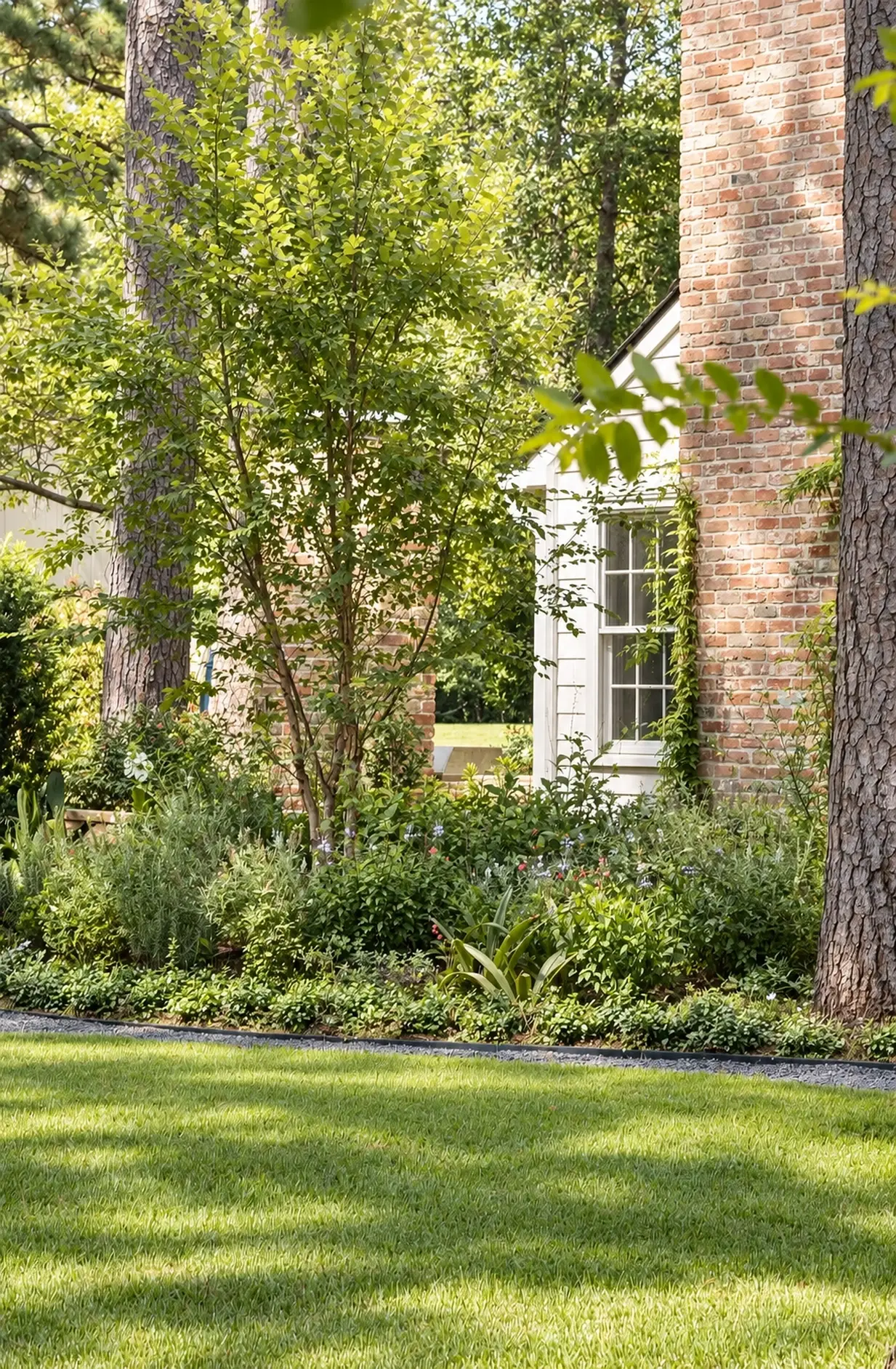 Shaded lawn beside a brick chimney and cottage