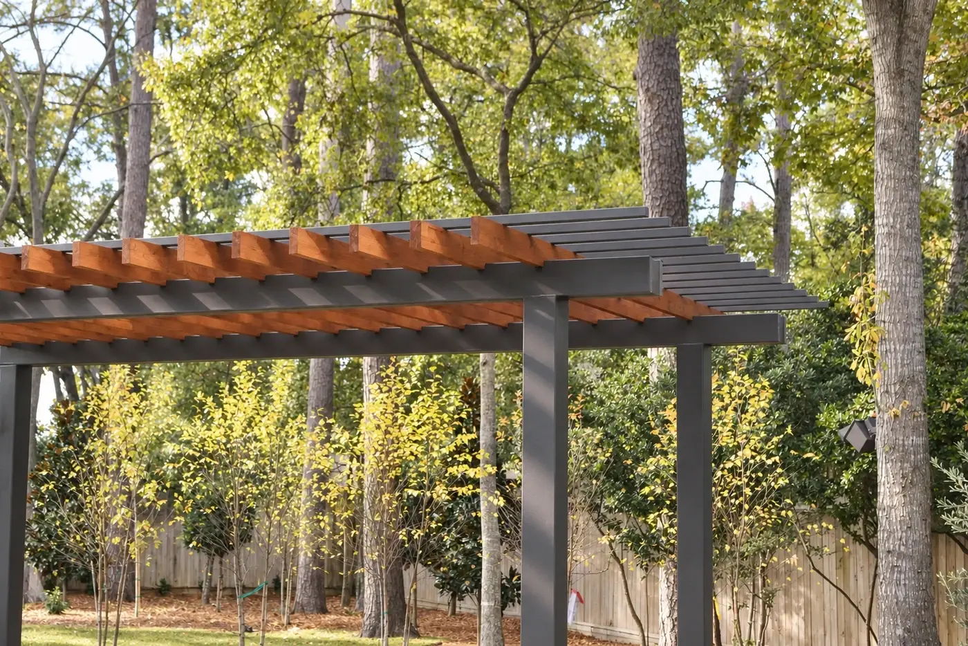 Timber pergola among pines in autumn