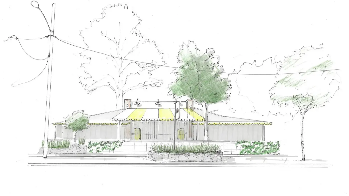 Line sketch of a low house framed by trees