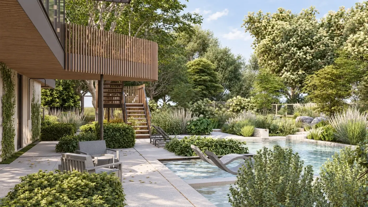 Rendering of a house terrace and water garden