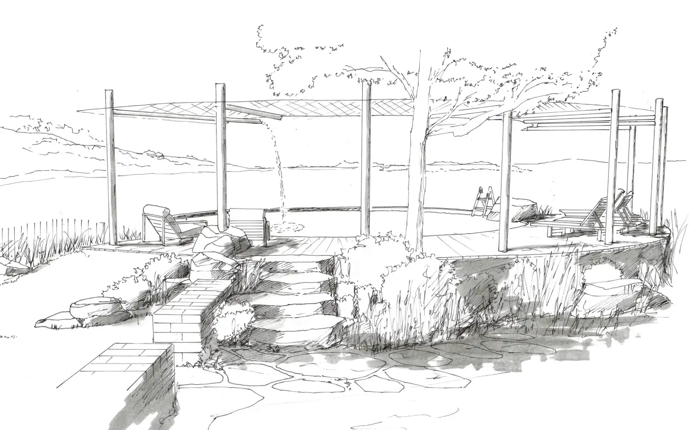 Ink sketch of terraced steps and a pergola beside a pool