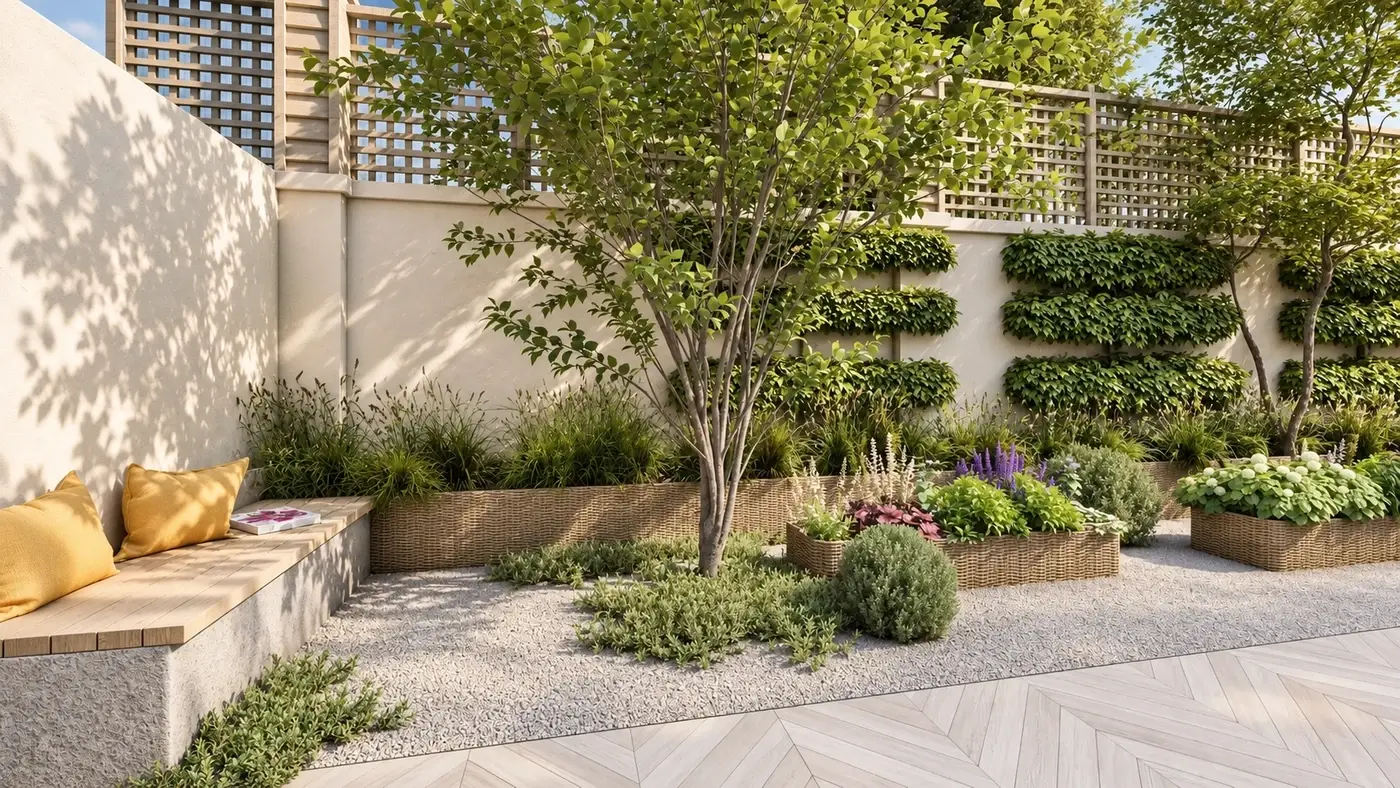 Rendering of a courtyard with trellis walls and a specimen tree