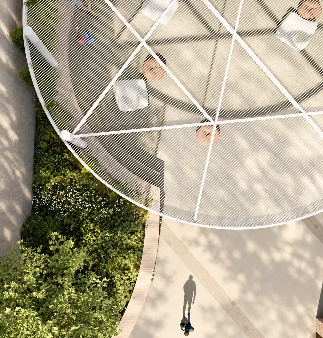 Rendering of a white shade canopy over a path seen from above