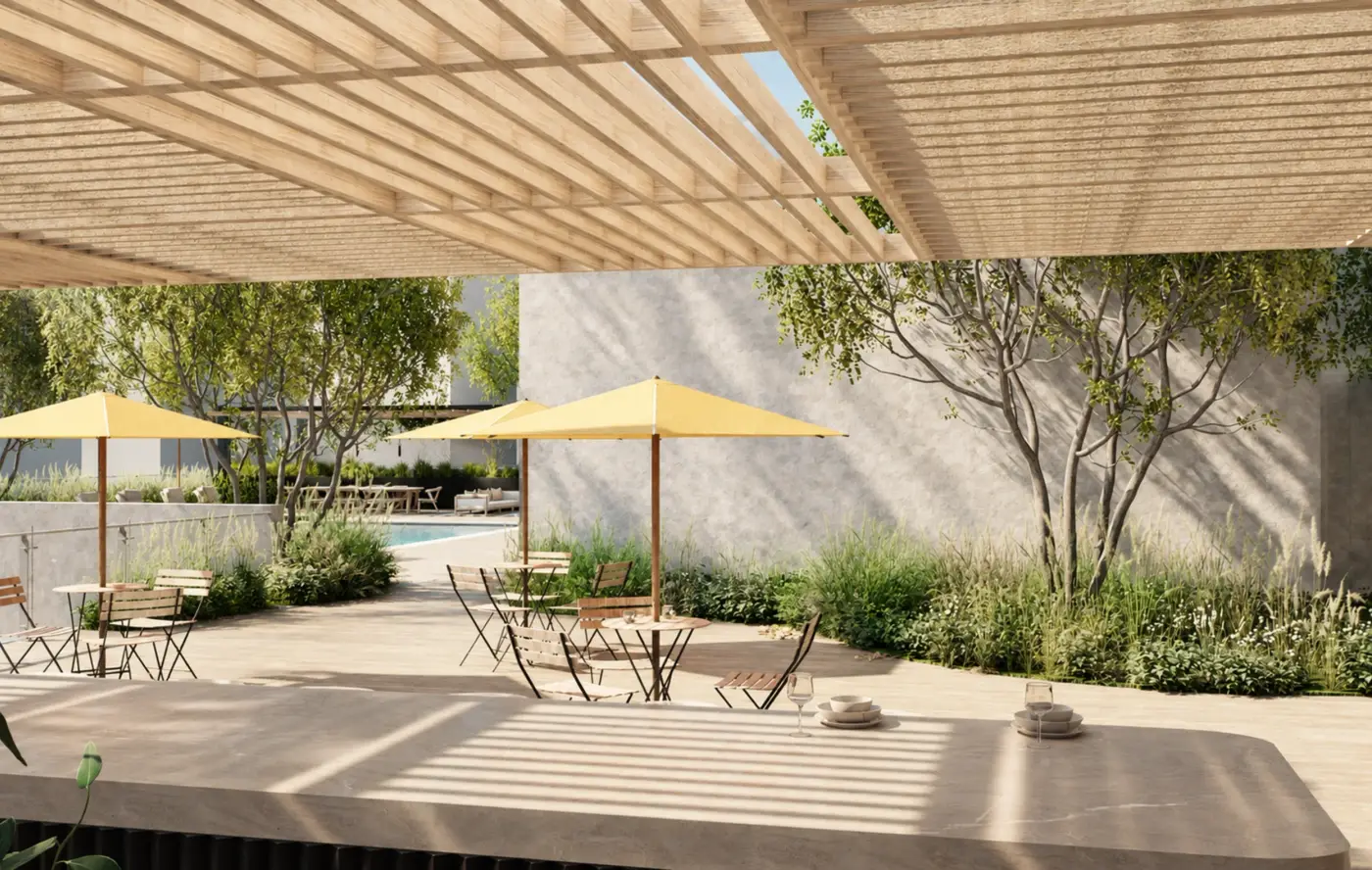 Rendering of a terrace under a slatted canopy with yellow umbrellas
