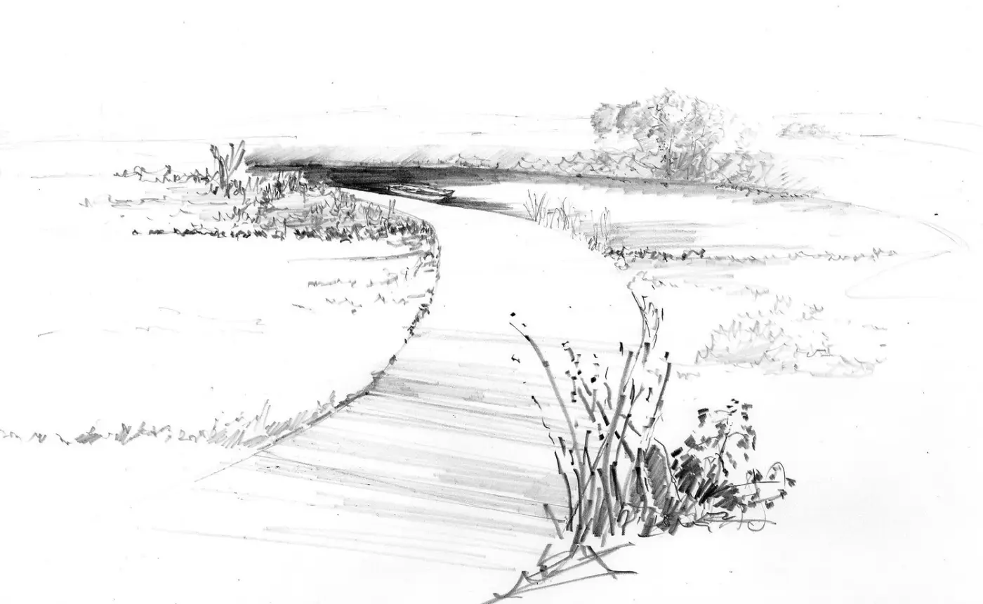 Pencil sketch of a boardwalk through a meadow