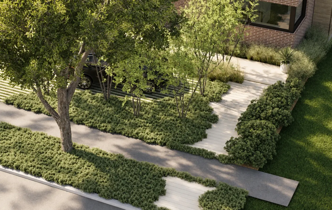 Rendering of a stepping-stone path through lawn and ground cover