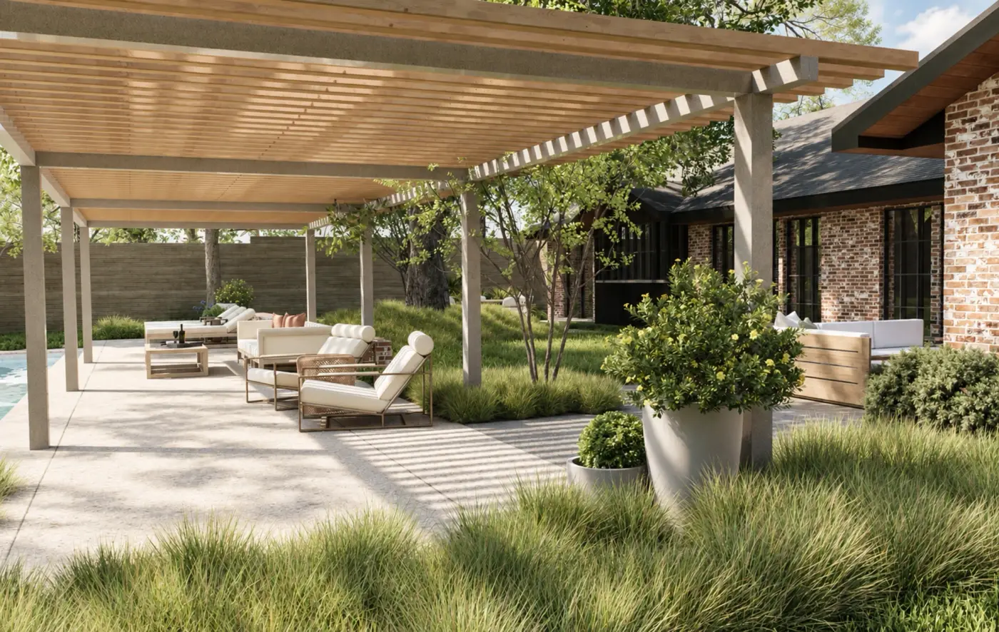 Rendering of a timber pergola over a lounge terrace